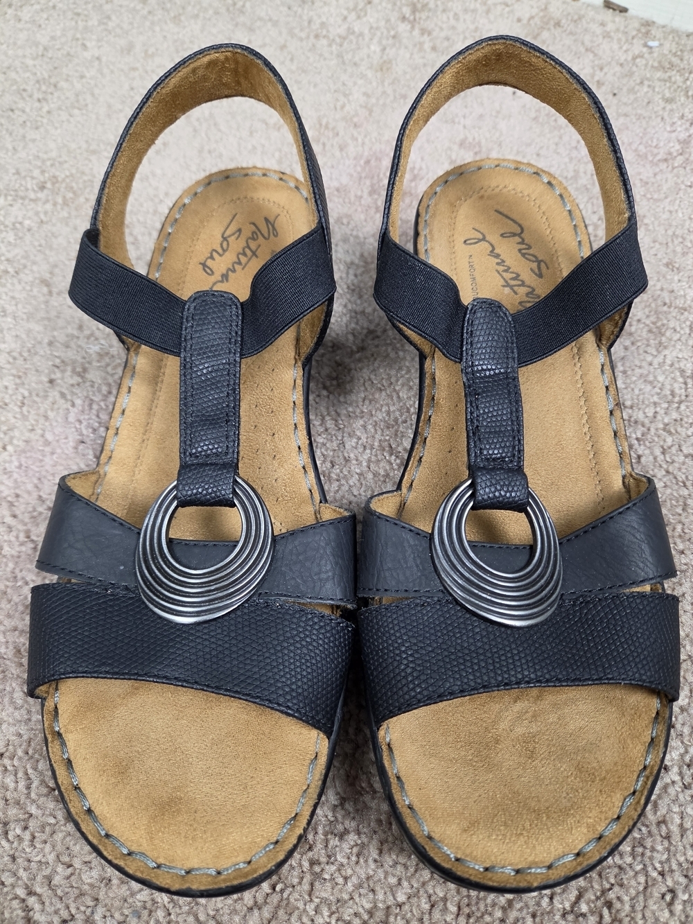 Comfort Step Black Slingback Sandals with Silver Ring Accent